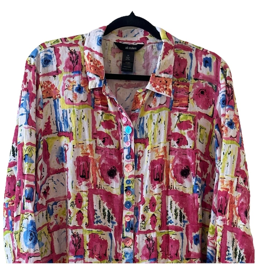Ali Miles Artsy Watercolor Floral Button Up Tunic Lagenlook‎ Plus Size 1X - Picture 2 of 15